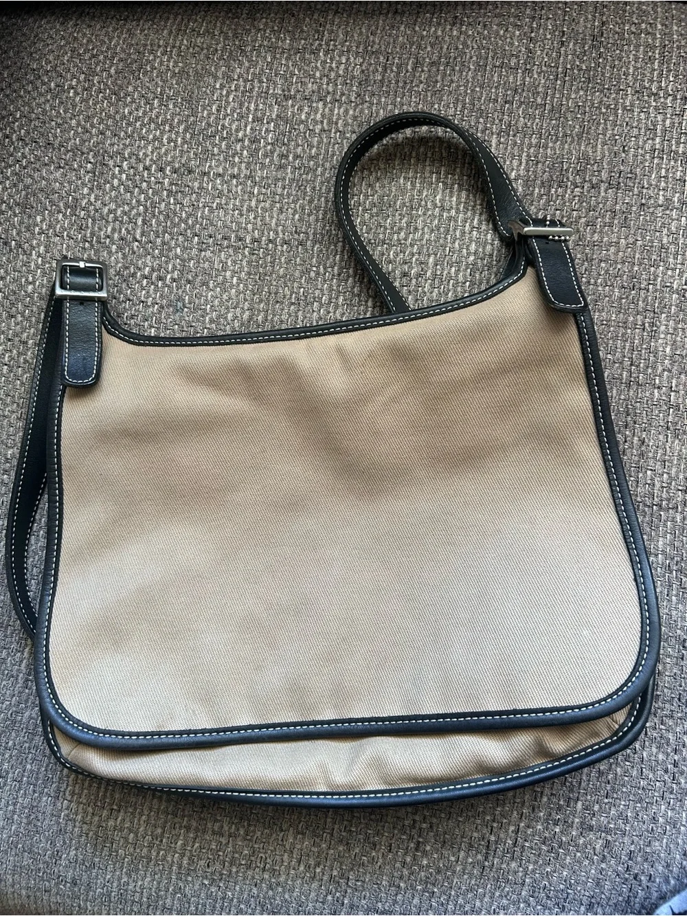 Canvas and Leather Trim Shoulder Bag - Beige